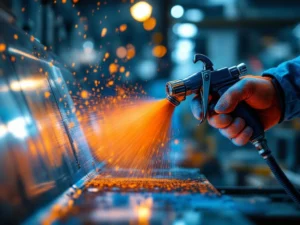 Schilder past industriële coating toe met spuitpistool op metalen oppervlak in professionele werkomgeving