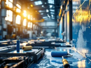 Moderne productiehal met gedeeltelijk geschilderde industriële constructies en professioneel schildergereedschap in focus.