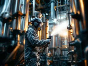 Professionele schilder in beschermende kleding brengt coating aan op roestvrijstalen tanks in industriële productiehal