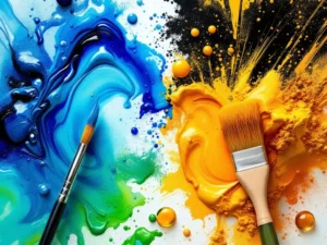 Twee penselen op canvas: links natte aquarelverf in blauw en groen, rechts droge textuur in oranje en geel.