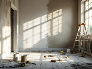 Onafgewerkte kamer met half geschilderde muren, verlaten schildersgereedschap en dramatische schaduw door raam