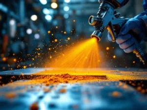 Professioneel spuitpistool brengt oranje poedercoating aan op metalen onderdelen in industriële werkplaats