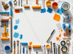 Professionele schildersgereedschap symmetrisch gerangschikt op wit doek met oranje en blauwe verfrollers