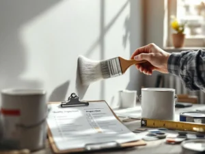 Professionele schilder brengt witte verf aan met kwast, checklist en kleurstalen op voorgrond zichtbaar