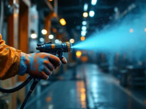 Professionele verfspuiter in actie op metalen oppervlak in moderne productiehal met industriële verlichting