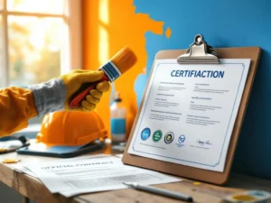 Professionele schilder met handschoen en kwast bij muur, certificaten en veiligheidsdocumenten op klembord zichtbaar