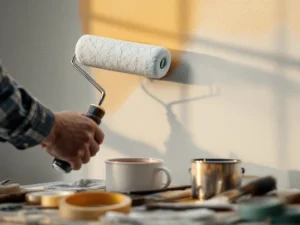 Professionele schilder houdt verfroller tegen half geschilderde witte muur met schilderbenodigdheden op voorgrond