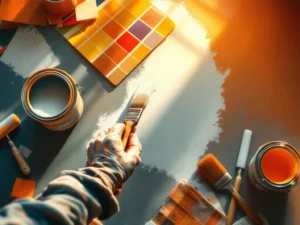 Professionele schilder brengt witte verf aan met kwast, omringd door verfgereedschap in warme werkruimte