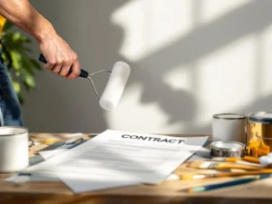 Schilder met verfroller aan half geschilderde muur met contract en gereedschap op werkbank