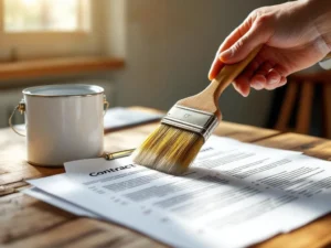 Schilder houdt kwast tegen wit geverfde muur met contract en kalender op werkbank op voorgrond