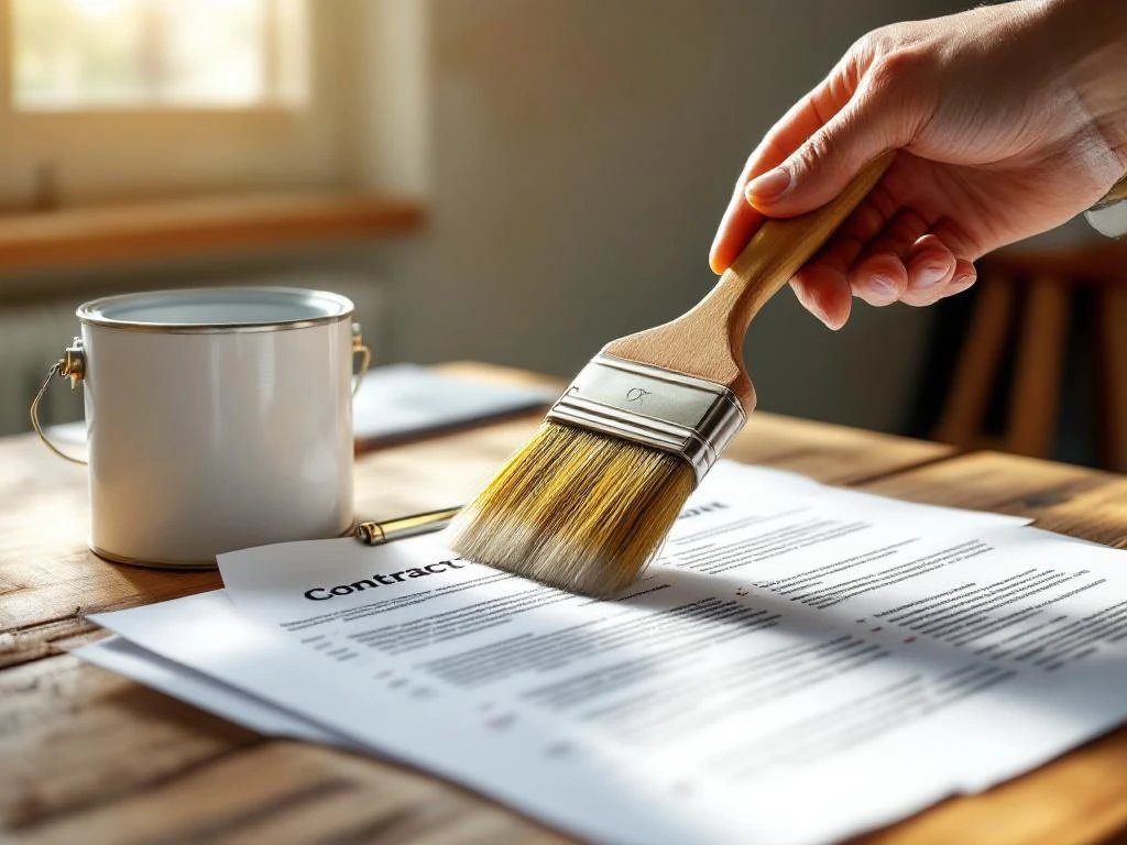 Schilder houdt kwast tegen wit geverfde muur met contract en kalender op werkbank op voorgrond