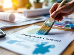 Schildershand met kwast boven kleurenpalet en contractdocument op houten bureau met verfstalen en blauwdrukken