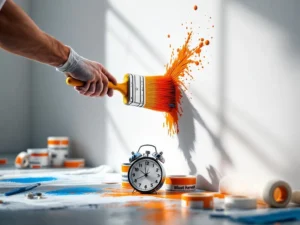 Schildershand met kwast op witte muur, stopwatch en verfsupplies op voorgrond, professionele werkplaatssfeer