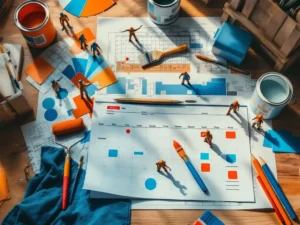 Bouwplanning met blauwdrukken, schaarse kalenderbeschikbaarheid, schildersgereedschap en arbeidersfiguren op houten tafel