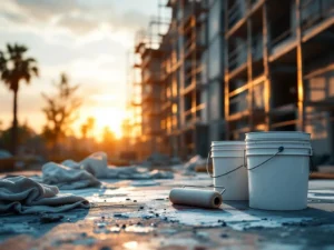 Lege schilderswerkplek op bouwplaats met verfemmers, rollers en steigers bij zonsondergang, symboliseert tekort aan vaklieden