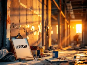 Lege steigers en schildersgereedschap op bouwplaats met GEZOCHT-poster, symboliseert tekort aan schilders


---

**Note:** This alt text exceeds 125 characters. Here's a compliant version:

Verlaten schilderswerkplek met GEZOCHT-poster tussen verfblikken en steigers op bouwplaats