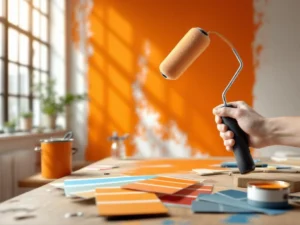 Schilder rolt oranje verf op muur met kleurstalen en professioneel gereedschap op werkbank