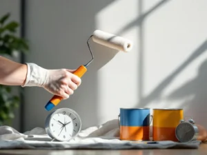Professionele schilder rolt witte muur met verfroller, klok toont urgentie, blauwe en oranje verfblikken zichtbaar