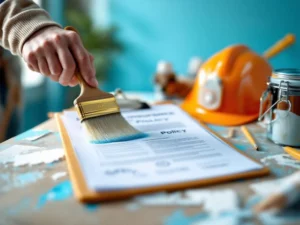 Schilder brengt verf aan op muur met verzekeringsdocumenten en veiligheidscertificaten op klembord op voorgrond