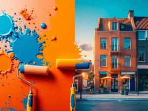 Schildersgereedschap en Nederlandse gevelfacade verbonden door verfdruppels, symboliseert Europese samenwerking in schildersindustrie