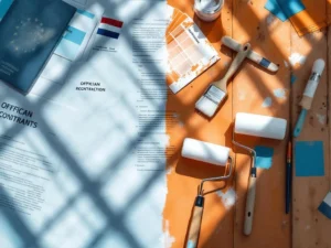 Werkruimte schilder met Europese werkdocumenten, paspoort en schildersgereedschap op steigerplanken