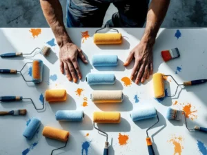 Professionele schildershanden rangschikken verfrollers en kwasten in geometrisch patroon met blauwe en oranje verfsporen