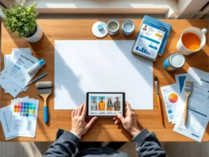 Houten tafel met witte verfstalen, schildersgereedschap, kleurenkaarten en aannemersdocumenten in natuurlijk licht