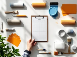 Professionele schilderswerkplek met verfrollers, kwasten, kleurstalen en projectplanningstools in georganiseerd rasterpatroon