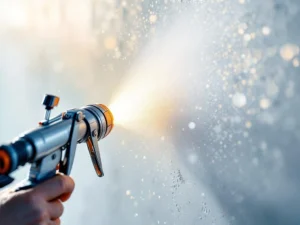 Professioneel spuitpistool creëert verfgradiënt op witte muur met gouden neveldeeltjes in dramatisch zijlicht