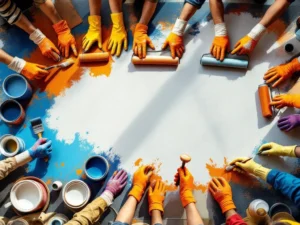 Diverse handen in verfspetters werkhandschoenen schilderen gezamenlijk muur in oranje, blauw en wit