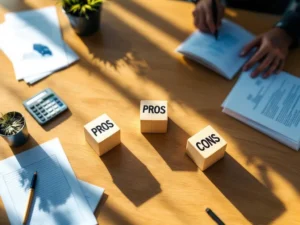 Weegschaal met 'VOOR' en 'TEGEN' blokjes op professioneel bureau met documenten en rekenmachine voor besluitvorming