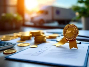 Professioneel bureau met gouden certificaten, kwaliteitsbadges en checklist documenten voor transportpersoneel