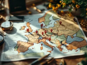 Europese wegenkaart op houten bureau met miniatuur vrachtwagens op Oost-Europese locaties en routeplanningstools