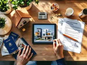 Bovenaanzicht van modern bureau met huisvestingsdocumenten, sleutels, huismodel, tablet met plattegronden en paspoorten