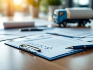 Professioneel bureau met afgevinkte checklist, juridische documenten en speelgoedvrachtwagen op de achtergrond