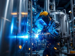 Professionele lasser in beschermende uitrusting werkt aan industriële chemische apparatuur met vonken en stalen leidingen