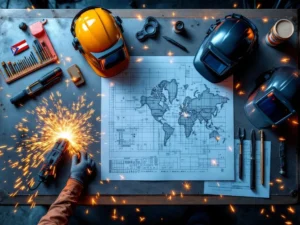 Moderne industriële werkruimte met lasapparatuur, veiligheidshelmen en technische tekeningen op metalen tafel