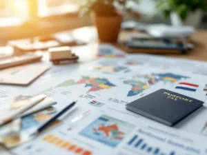 Professioneel bureau met internationale documenten, paspoorten, belastingformulieren, rekenmachine en Europese bankbiljetten