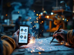 Internationale lassers gebruiken smartphones en tablets voor communicatie in moderne industriële werkplaats met vonken