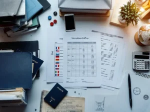 Professioneel bureau met Europese paspoorten, werkvergunningen, laptop met personeelsdata en internationale documenten