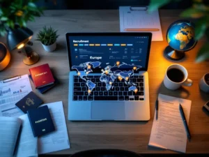 Bureau met laptop die wereldkaart toont, paspoorten, documenten en globe voor internationale recruitment