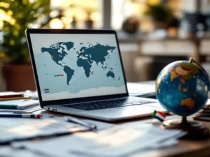 Kantoorbureau met laptop die wereldkaart toont, juridische documenten, wereldbol en Europese vlaggetjes voor internationale zaken