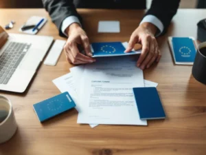 Professionele handen organiseren internationale werkvergunningen en paspoorten op bureau met EU-vlaggen op achtergrond
