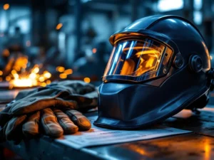 Professionele lasbescherming op werkbank: veiligheidshelm, handschoenen en certificaten met industriële verlichting