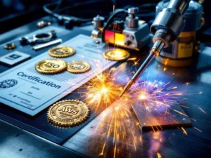 Internationale lascertificaten ISO en AWS met TIG-lasapparatuur op gepolijste stalen ondergrond met professionele verlichting