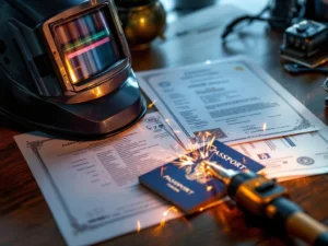 Lasdocumenten en certificaten op houten bureau met lashelm en lastoorts voor professionele lasser kwalificaties