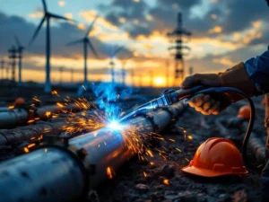 Lasser met beschermende handschoenen bedient lastoorts met blauwe vonken bij windmolens en elektriciteitstorens