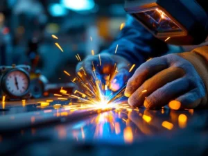 Professionele lasser voert precisielaswerk uit met oranje-blauwe vonken en meetinstrumenten op de achtergrond