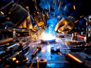 Vakkundige handen voeren precisielas uit met TIG-toorts, vonken en blauw-witte lasboog in industriële werkplaats