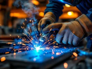 Professionele lasser met lastoorts creëert blauw-witte vonken op metaal in industriële werkplaats met staalbalken